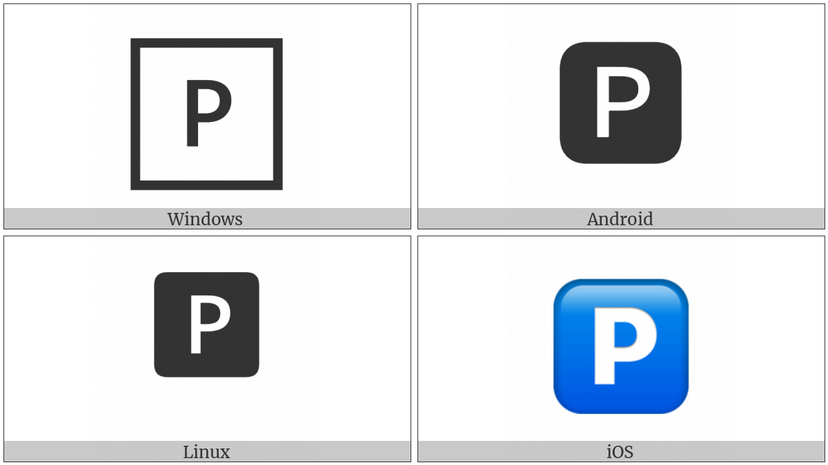 Negative Squared Latin Capital Letter P on various operating systems