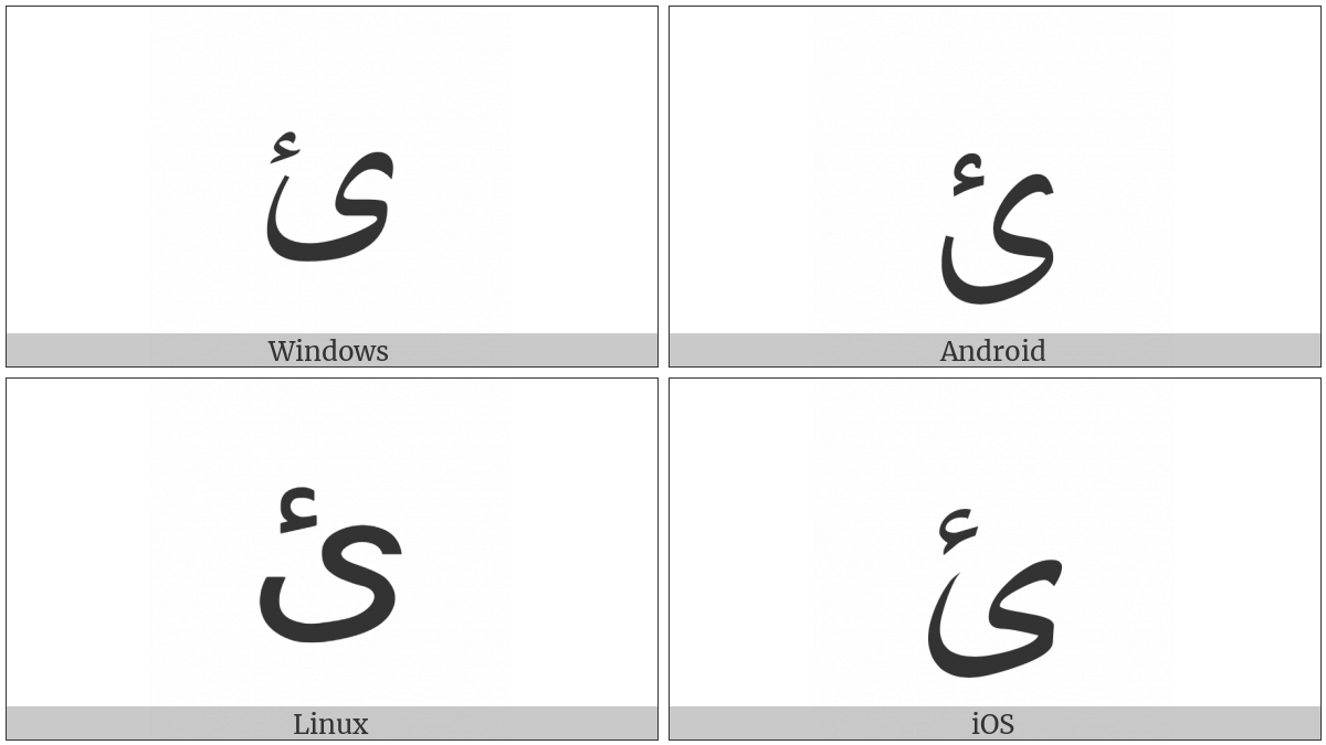 Arabic Letter Yeh With Hamza Above on various operating systems