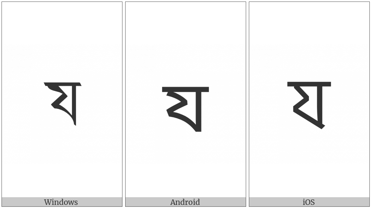 Bengali Letter Ya on various operating systems