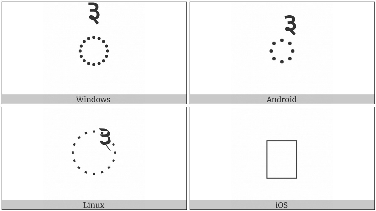 Combining Devanagari Digit Three on various operating systems