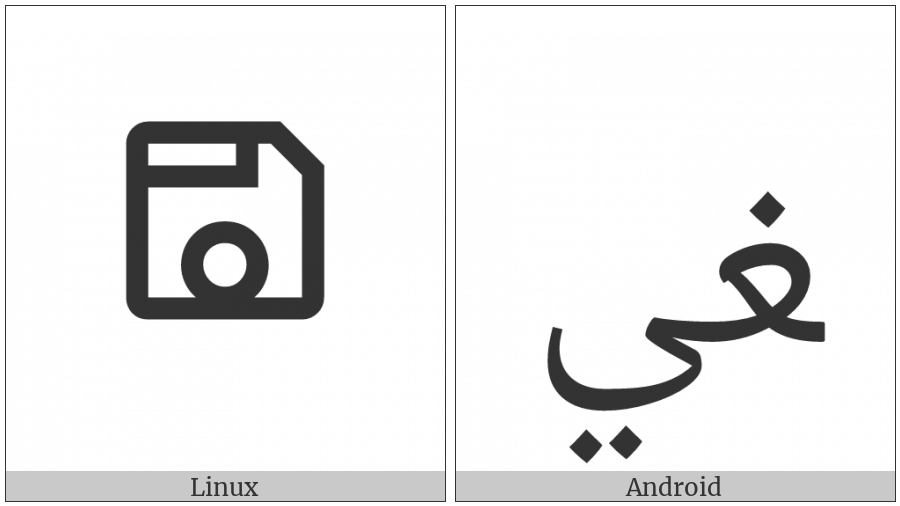 Arabic Ligature Ghain With Yeh Final Form on various operating systems