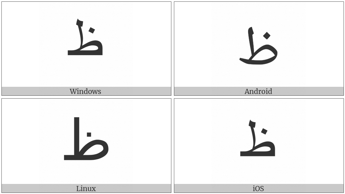 Arabic Letter Zah Isolated Form on various operating systems