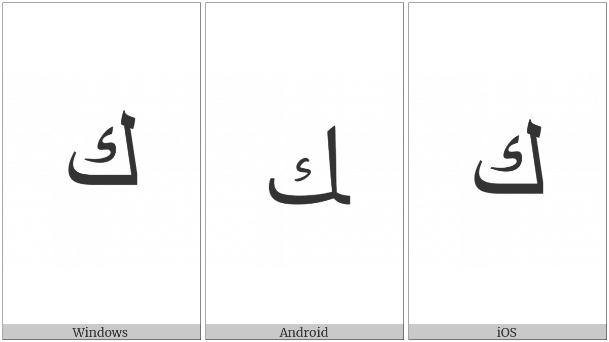 Arabic Letter Kaf Final Form on various operating systems