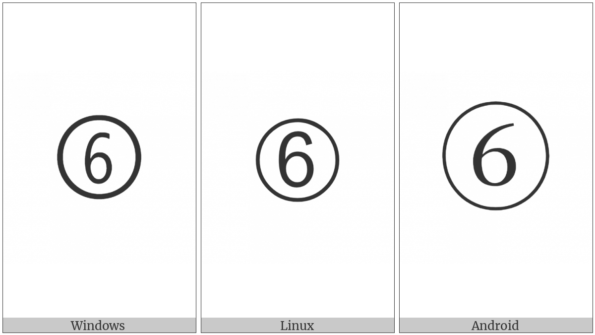 Dingbat Circled Sans-Serif Digit Six on various operating systems