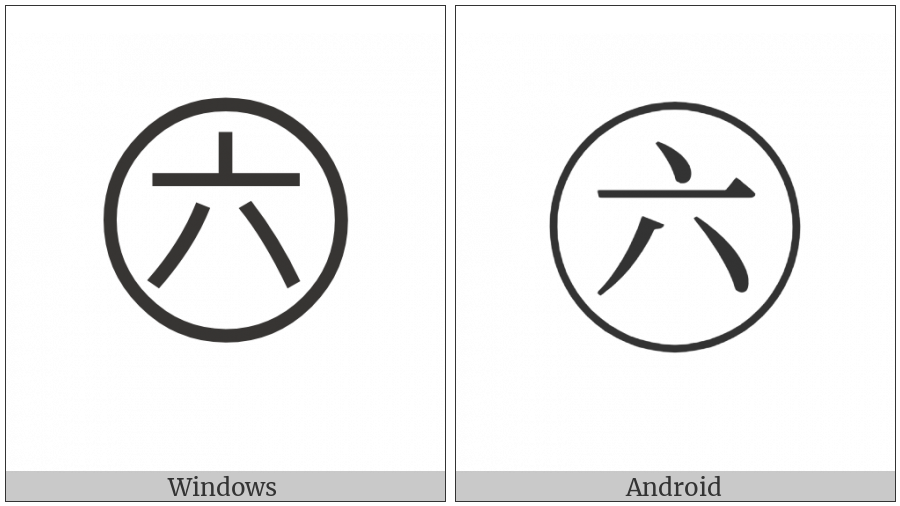 Circled Ideograph Six on various operating systems