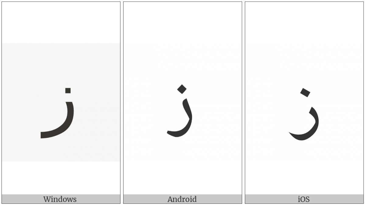 Arabic Letter Zain on various operating systems