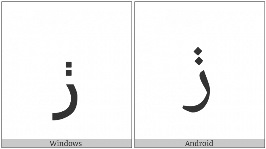Arabic Letter Reh With Two Dots Vertically Above on various operating systems