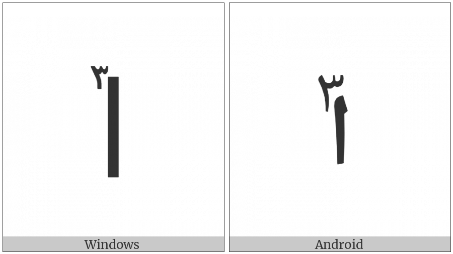 Arabic Letter Alef With Extended Arabic-Indic Digit Three Above on various operating systems