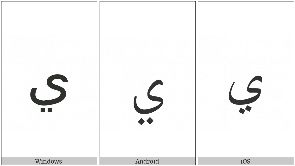 Arabic Letter Yeh Isolated Form on various operating systems