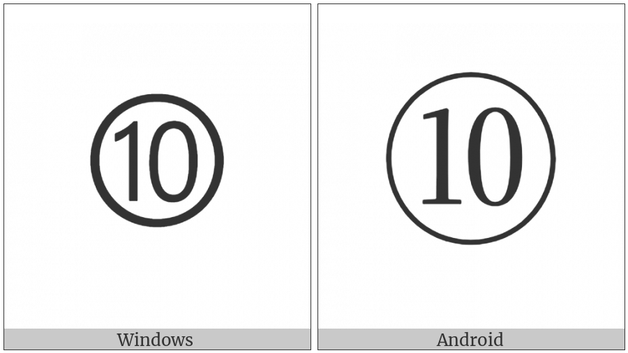 Dingbat Circled Sans-Serif Number Ten on various operating systems