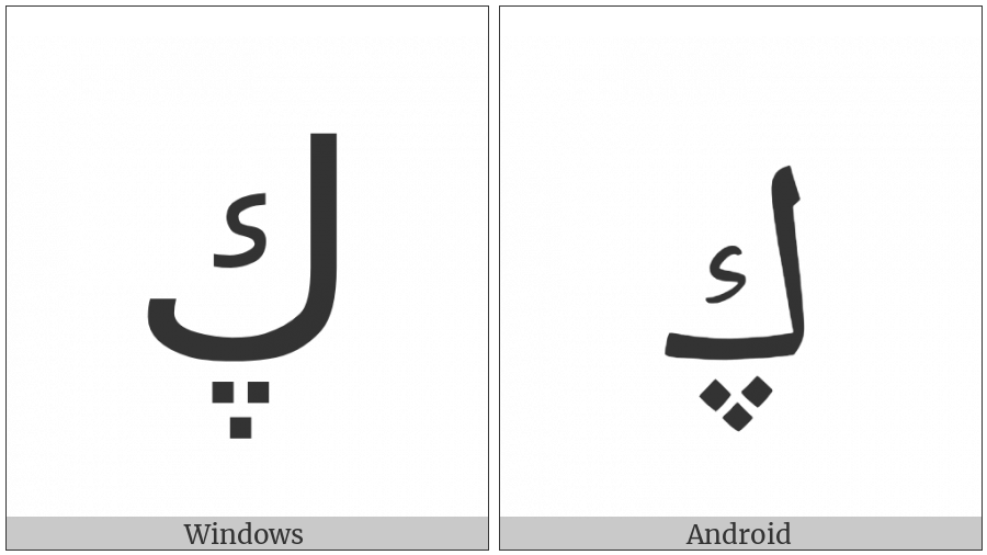 Arabic Letter Kaf With Three Dots Below on various operating systems