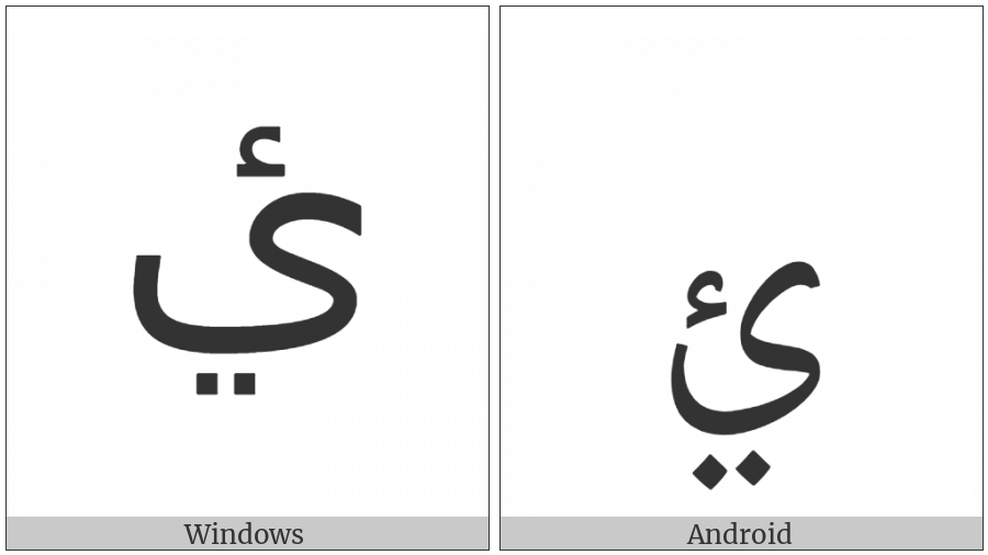 Arabic Letter Yeh With Two Dots Below And Hamza Above on various operating systems